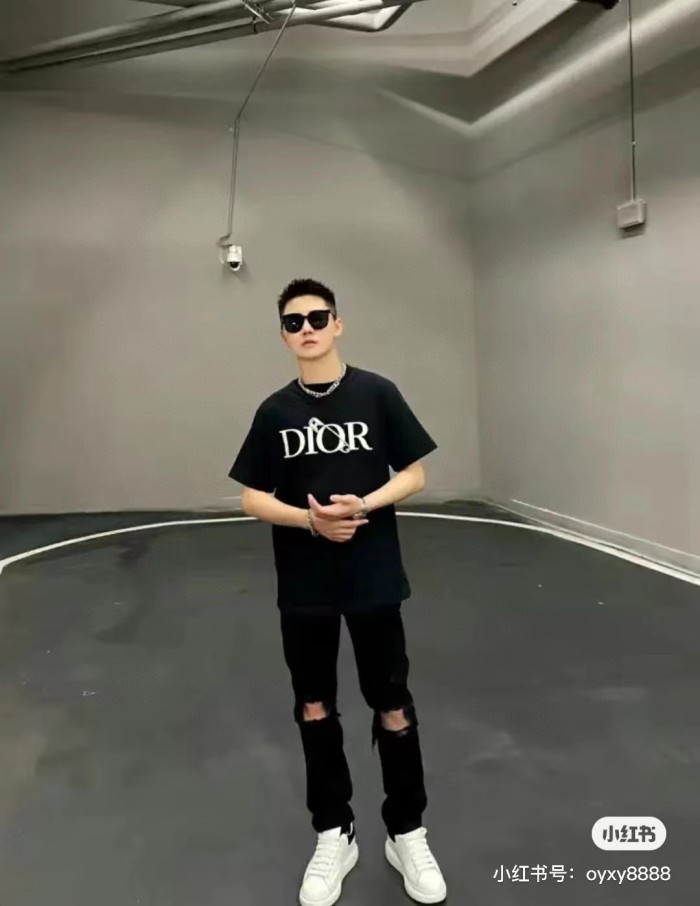 DIOR knitted round neck short-sleeved T-shirt men's black