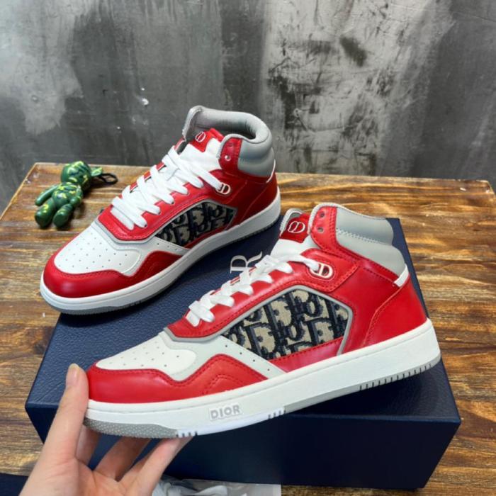 Dior B27 High Red Gray and White Smooth Calfskin with Beige and Black Dior Oblique Jacquard