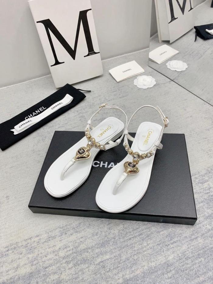 CHANEL leather rhinestone imitation pearl embellished one-strap sandals for women white