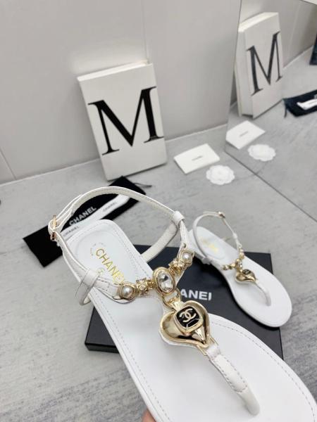 CHANEL leather rhinestone imitation pearl embellished one-strap sandals for women white