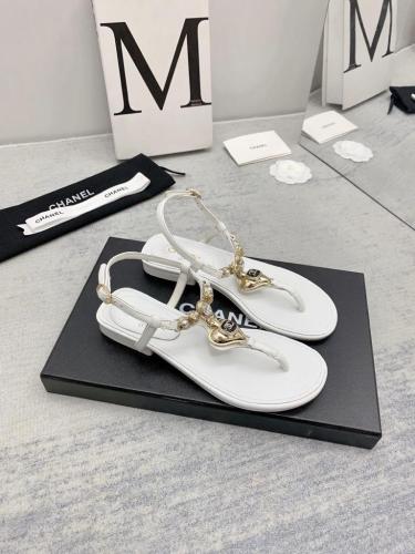 CHANEL leather rhinestone imitation pearl embellished one-strap sandals for women white