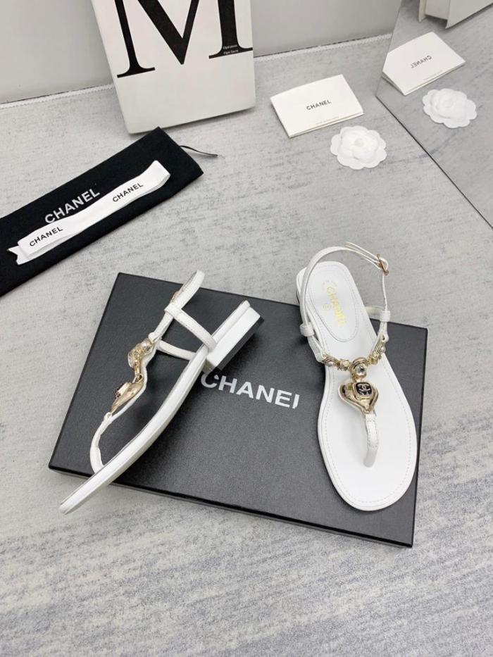 CHANEL leather rhinestone imitation pearl embellished one-strap sandals for women white