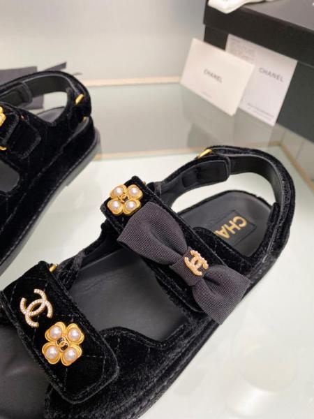 CHANEL Suede Rhinestone Pearl Embellished Beach Sandals Women's Black