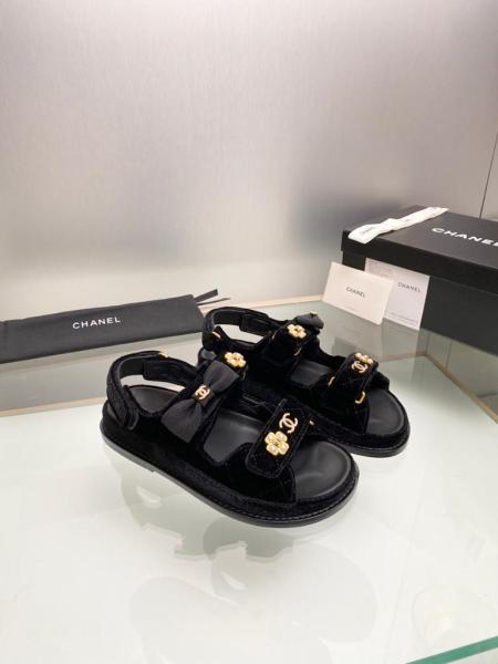 CHANEL Suede Rhinestone Pearl Embellished Beach Sandals Women's Black