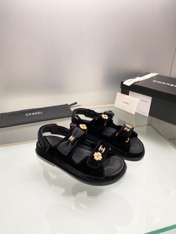CHANEL Suede Rhinestone Pearl Embellished Beach Sandals Women's Black