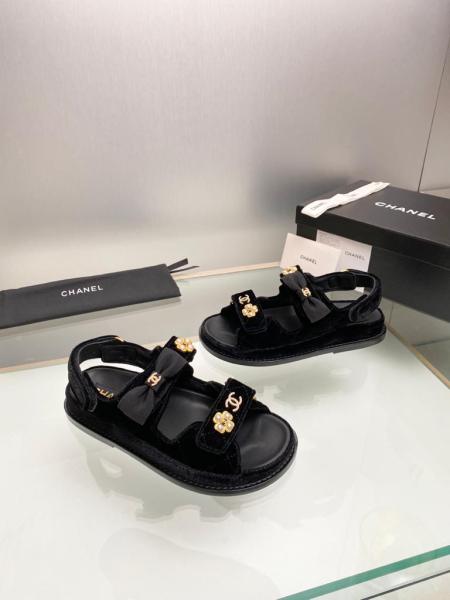 CHANEL Suede Rhinestone Pearl Embellished Beach Sandals Women's Black