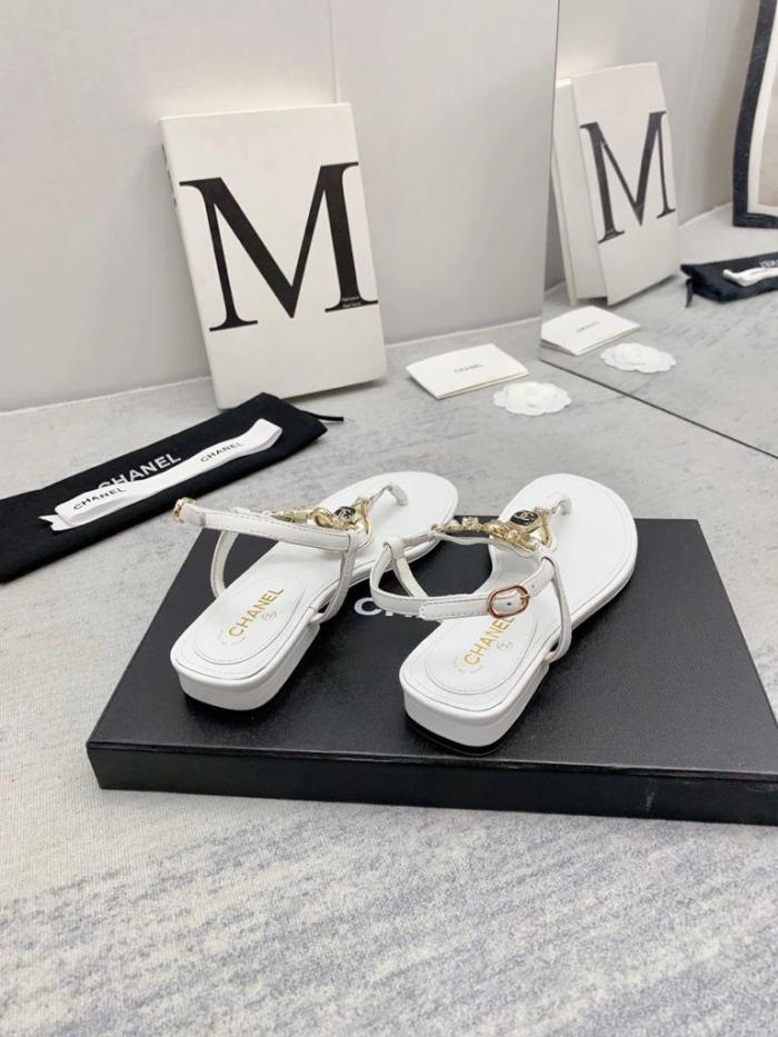 CHANEL leather rhinestone imitation pearl embellished one-strap sandals for women white