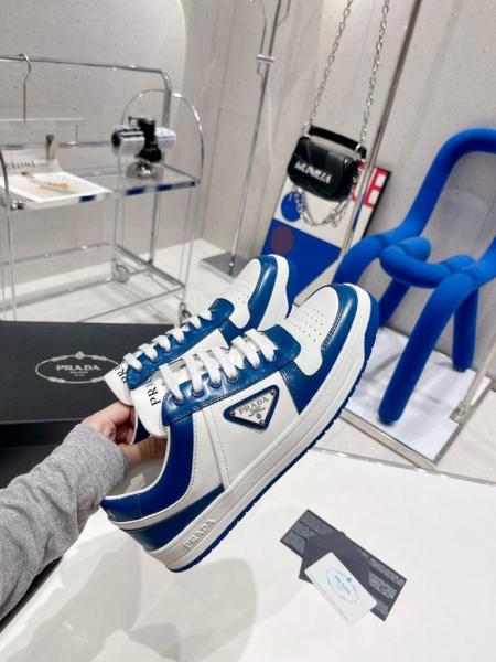 Prada Downtown Low Top Sneakers Leather White Cobalt Blue