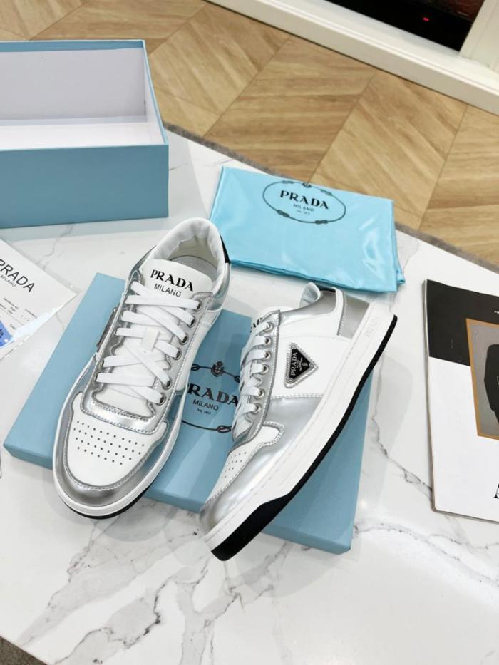 Prada Downtown Low Top Sneakers Leather White Silver