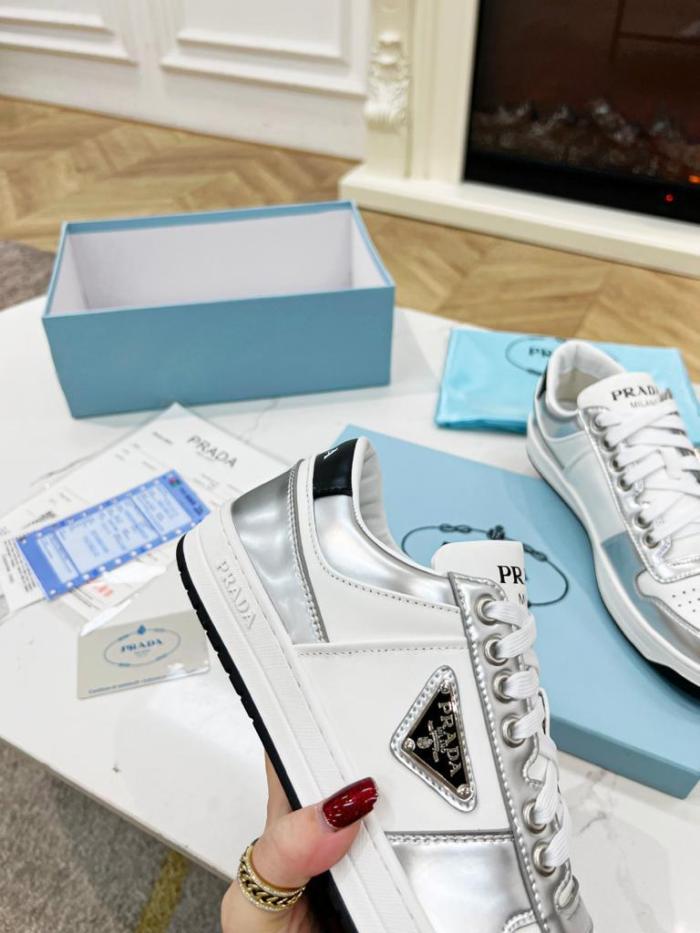 Prada Downtown Low Top Sneakers Leather White Silver
