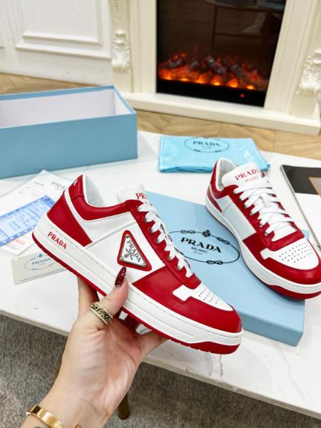 Prada Downtown Low Top Sneakers Leather White Lacquer Red