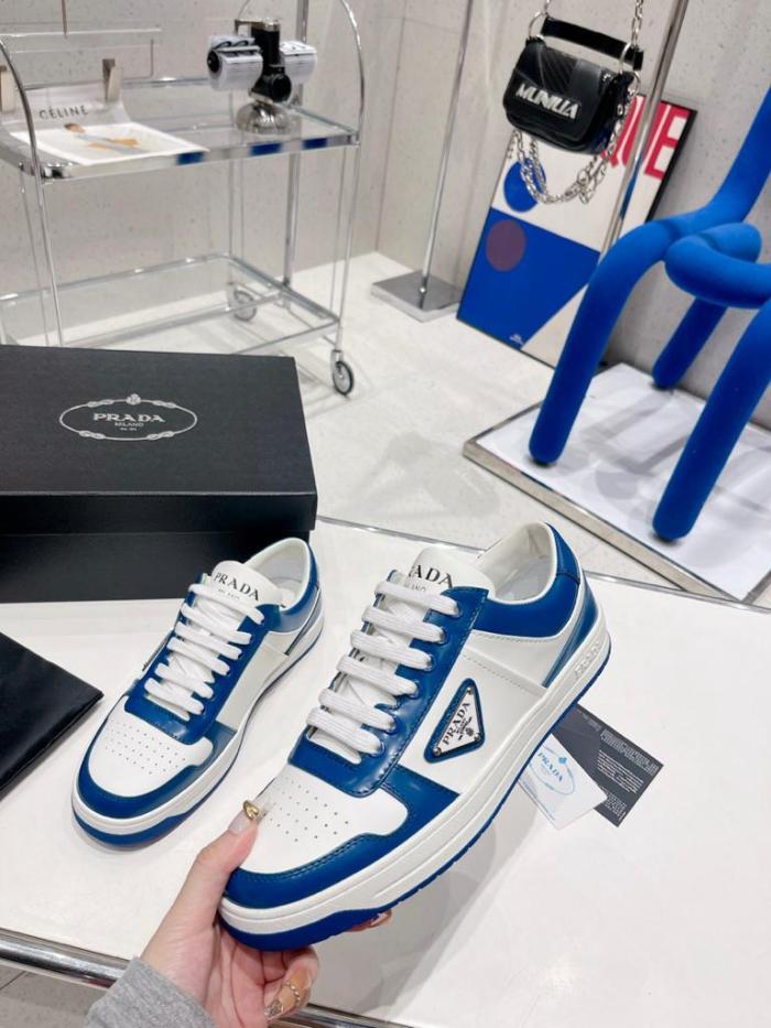 Prada Downtown Low Top Sneakers Leather White Cobalt Blue