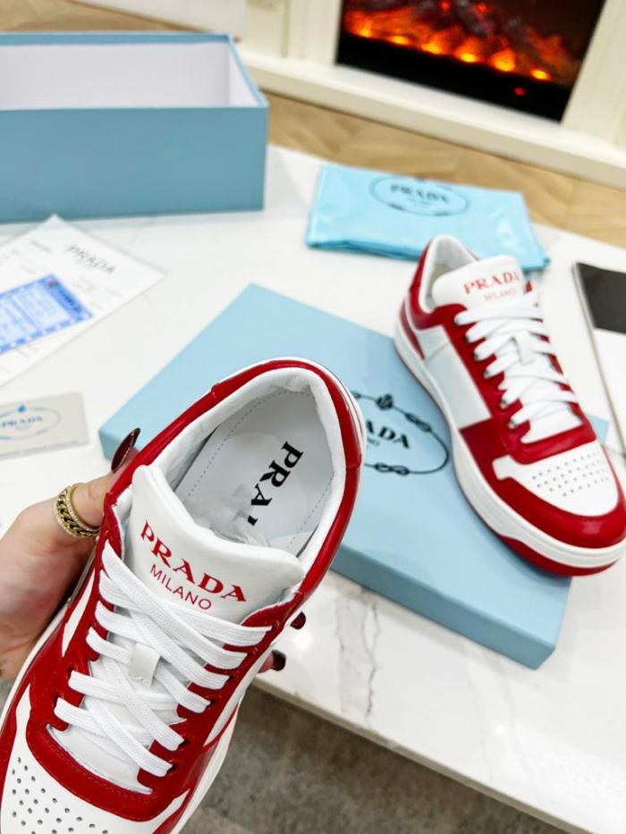 Prada Downtown Low Top Sneakers Leather White Lacquer Red