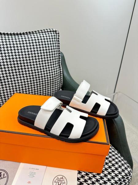 Hermes Chypre Leather Flip Slides White