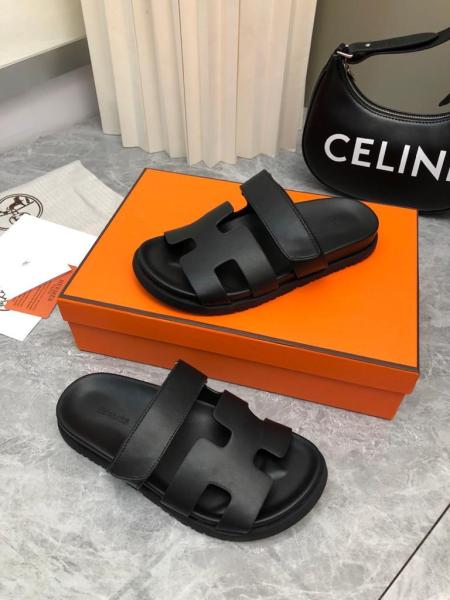 Hermes Chypre calfskin slides black
