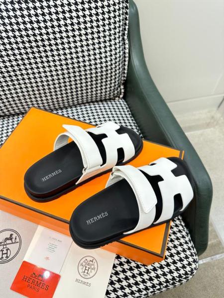 Hermes Chypre Leather Flip Slides White