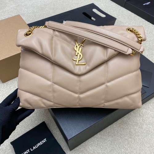 SAINT LAURENT LOULOU Lambskin Puffer Cloud Bag, Pillow Bag, Chain Shoulder Bag, Crossbody Bag Women's Beige 577475-1EL07-9141 size L35*W13*H25