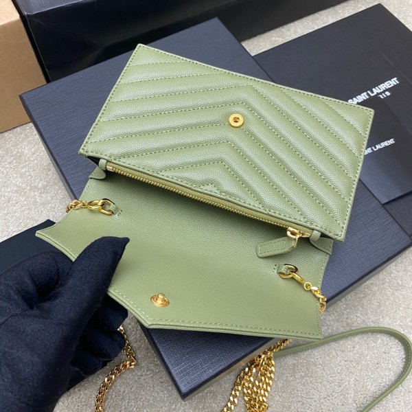 SAINT LAURENT ENVELOPE Calfskin Envelope Bag Chain Wallet Shoulder Bag Crossbody Bag Regular Women's Avocado Green 393953-BOW01-3316 size 19*4*13cm