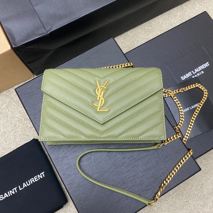 SAINT LAURENT ENVELOPE Calfskin Envelope Bag Chain Wallet Shoulder Bag Crossbody Bag Regular Women's Avocado Green 393953-BOW01-3316 size 19*4*13cm
