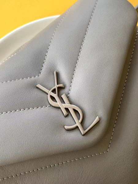 SAINT LAURENT YSL LOULOU Silver Logo Leather Shoulder Bag, Mini, Women's, Granite Grey/Light Grey 467072-DV706-1723 20*14*7.5cm