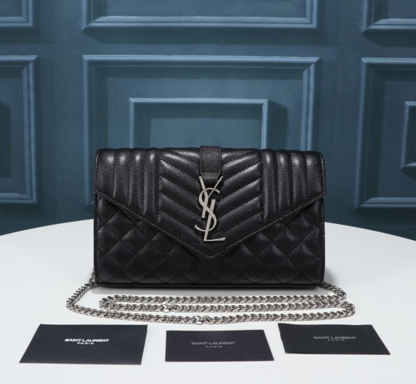 SAINT LAURENT ENVELOPE Grain Leather Envelope Bag, Crossbody Bag, Shoulder Bag Small 600195-BOW92-1000 Size Women's Black size 21*6*13 cm