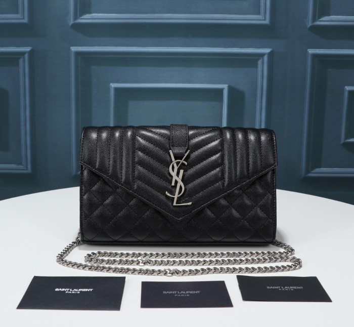 SAINT LAURENT ENVELOPE Grain Leather Envelope Bag, Crossbody Bag, Shoulder Bag Small 600195-BOW92-1000 Size Women's Black size 21*6*13 cm