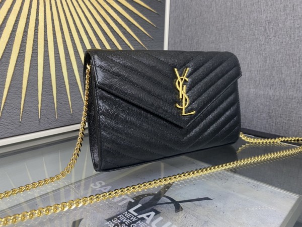 SAINT LAURENT Monogram Chain Wallet Matelasse Grain De Poudre Gold-tone Black 377828BOW011000 size L22.5*W4*H14cm