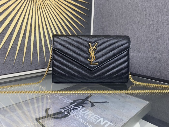 SAINT LAURENT Monogram Chain Wallet Matelasse Grain De Poudre Gold-tone Black 377828BOW011000 size L22.5*W4*H14cm