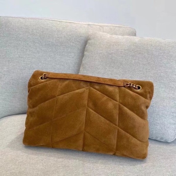 SAINT LAURENT PUFFER Lamb Suede Portable Crossbody Bag, Shoulder Bag Women's Brown 577475-1U807-2358 size L23*H16.5cm
