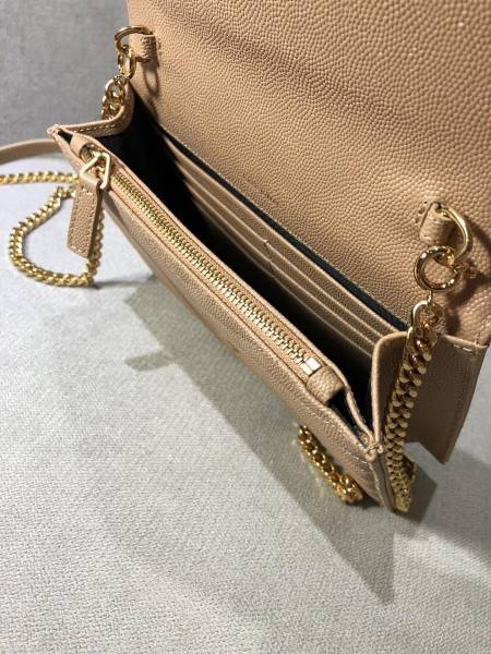 SAINT LAURENT Leather Chain Wallet, Crossbody Bag, Shoulder Bag Women's Dark Beige 393953-BOW01-2721 size 19*3.5*15 cm