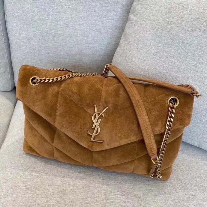 SAINT LAURENT PUFFER Lamb Suede Portable Crossbody Bag, Shoulder Bag Women's Brown 577475-1U807-2358 size L23*H16.5cm