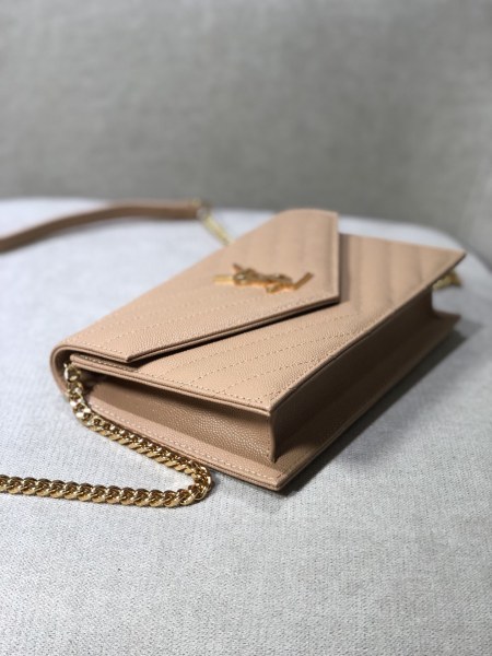 SAINT LAURENT Leather Chain Wallet, Crossbody Bag, Shoulder Bag Women's Dark Beige 393953-BOW01-2721 size 19*3.5*15 cm