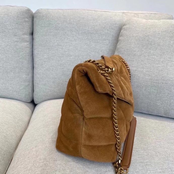 SAINT LAURENT PUFFER Lamb Suede Portable Crossbody Bag, Shoulder Bag Women's Brown 577475-1U807-2358 size L23*H16.5cm