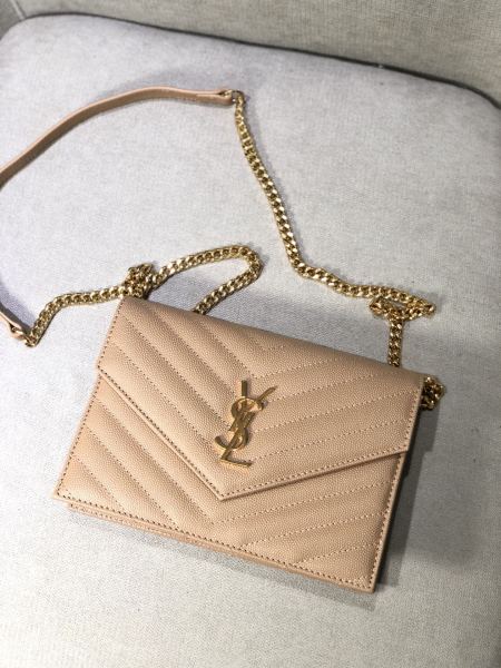 SAINT LAURENT Leather Chain Wallet, Crossbody Bag, Shoulder Bag Women's Dark Beige 393953-BOW01-2721 size 19*3.5*15 cm