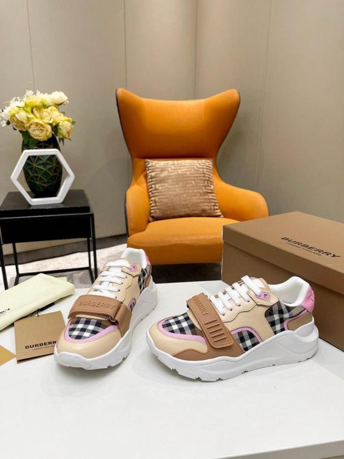 Burberry Check Cotton and Leather Sneakers Birch Brown/Pink