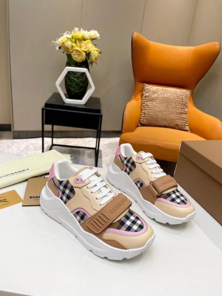 Burberry Check Cotton and Leather Sneakers Birch Brown/Pink