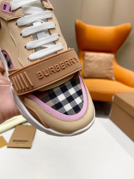 Burberry Check Cotton and Leather Sneakers Birch Brown/Pink