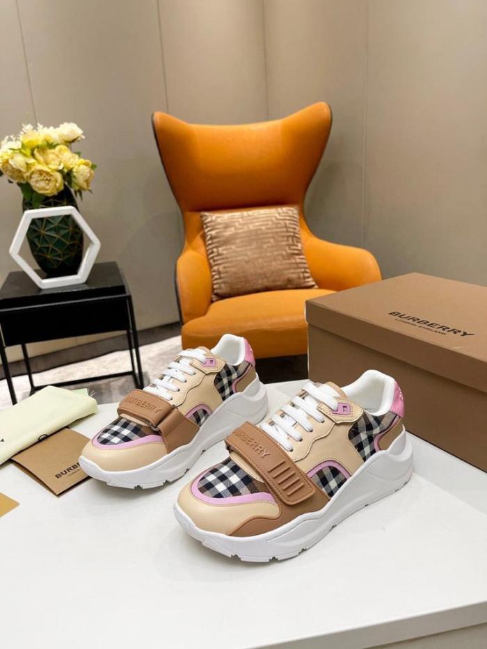 Burberry Check Cotton and Leather Sneakers Birch Brown/Pink