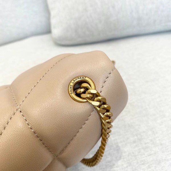 Saint Laurent YSL Puffer Women's Handbag with Antique Metal Hardware, Double Leather Chain Shoulder Strap, Lambskin, Dark Beige 759337-1EL07-2721 size 23*8.5*15.5cm