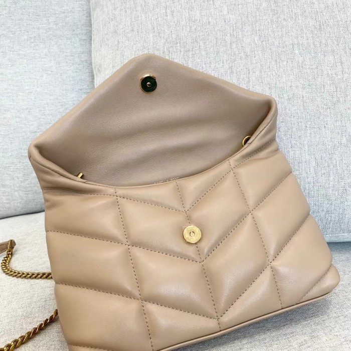 Saint Laurent YSL Puffer Women's Handbag with Antique Metal Hardware, Double Leather Chain Shoulder Strap, Lambskin, Dark Beige 759337-1EL07-2721 size 23*8.5*15.5cm