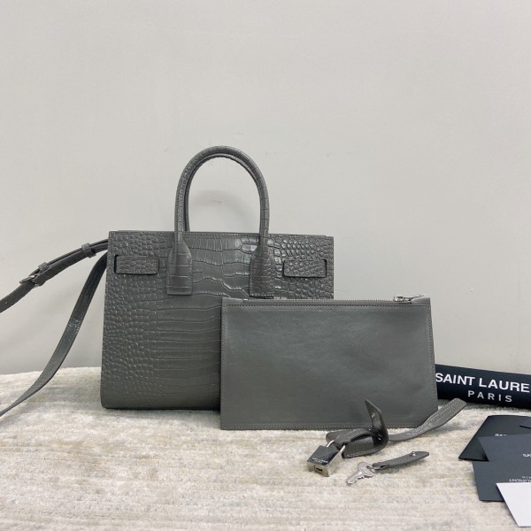 SAINT LAURENT SAC DE JOUR Cow Leather Trunk Bag Tote One Shoulder Handbag Women's Gray 421863-DND1E-1424 size 26*12.5*20.5 cm