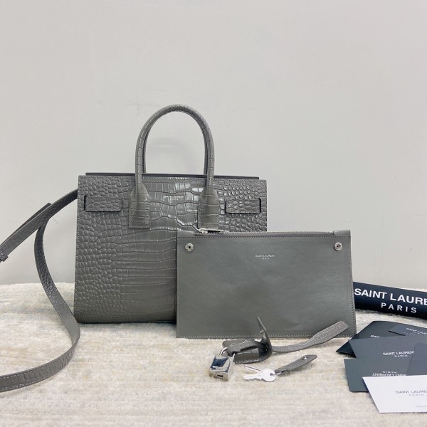 SAINT LAURENT SAC DE JOUR Cow Leather Trunk Bag Tote One Shoulder Handbag Women's Gray 421863-DND1E-1424 size 26*12.5*20.5 cm