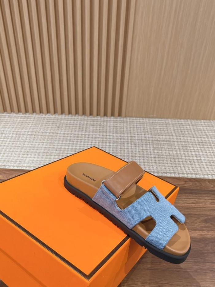 Hermes Denim Calfskin Womens Chypre Sandals Bleu Clair Naturel