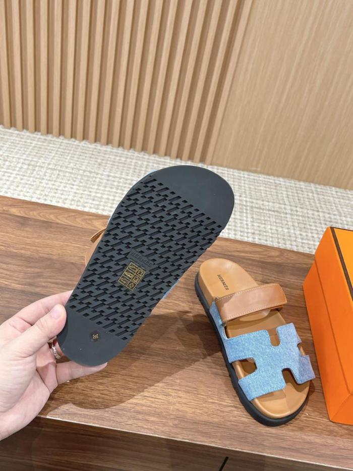 Hermes Denim Calfskin Womens Chypre Sandals Bleu Clair Naturel