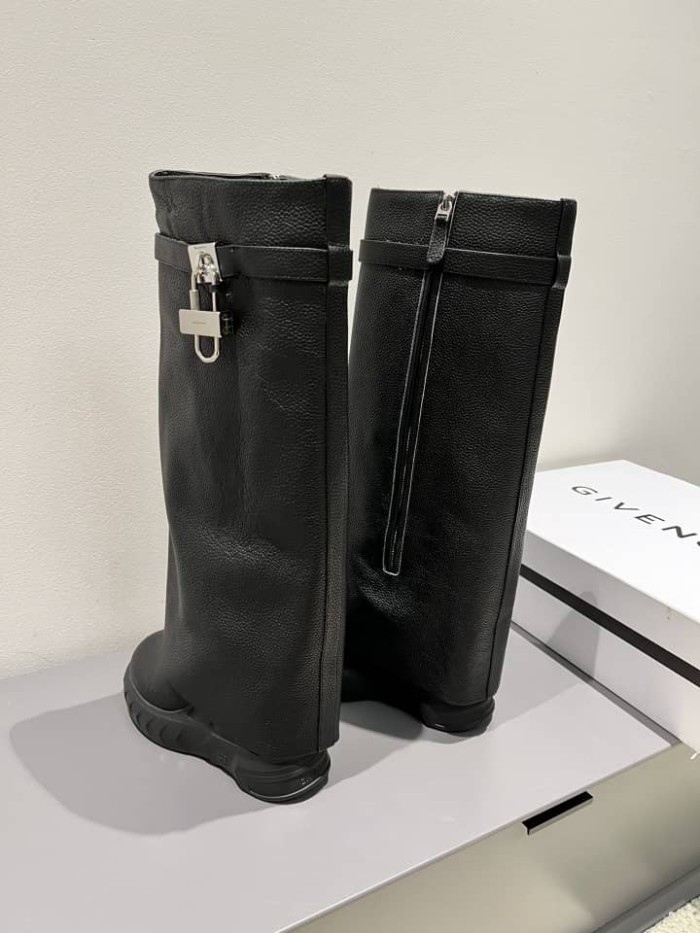 Givenchy Top Grain Cow Leather Knee High Boots Foldover Boots 8cm Women's Black