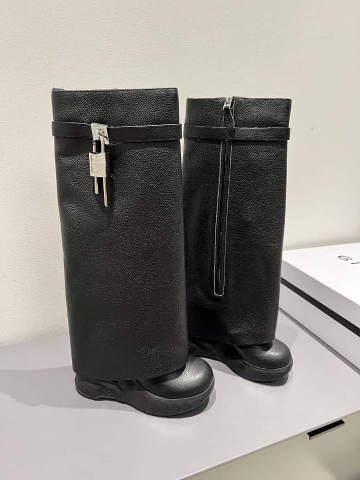 Givenchy Top Grain Cow Leather Knee High Boots Foldover Boots 8cm Women's Black