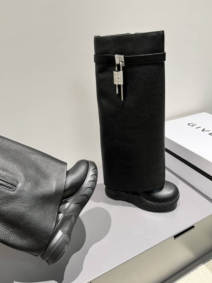 Givenchy Top Grain Cow Leather Knee High Boots Foldover Boots 8cm Women's Black