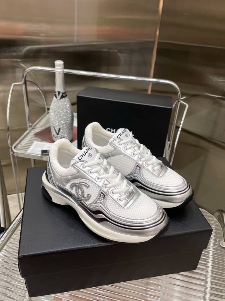 CHANEL CC Logo Sneakers White Silver Women's
