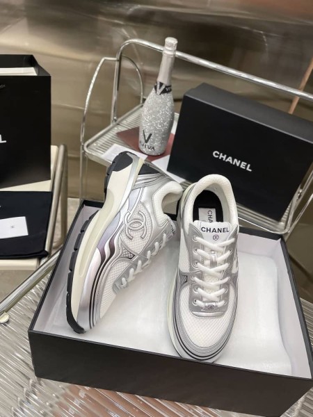 CHANEL CC Logo Sneakers White Silver Women's