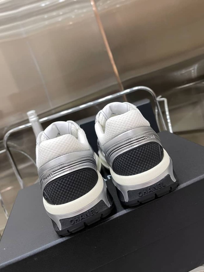CHANEL CC Logo Sneakers White Silver Women's